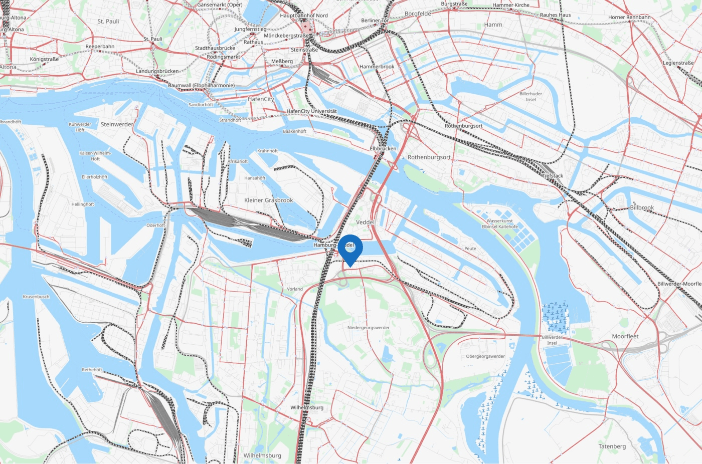 Karte vom Hamburger Hafen mit einer Markierung für die Zentrale der GHB